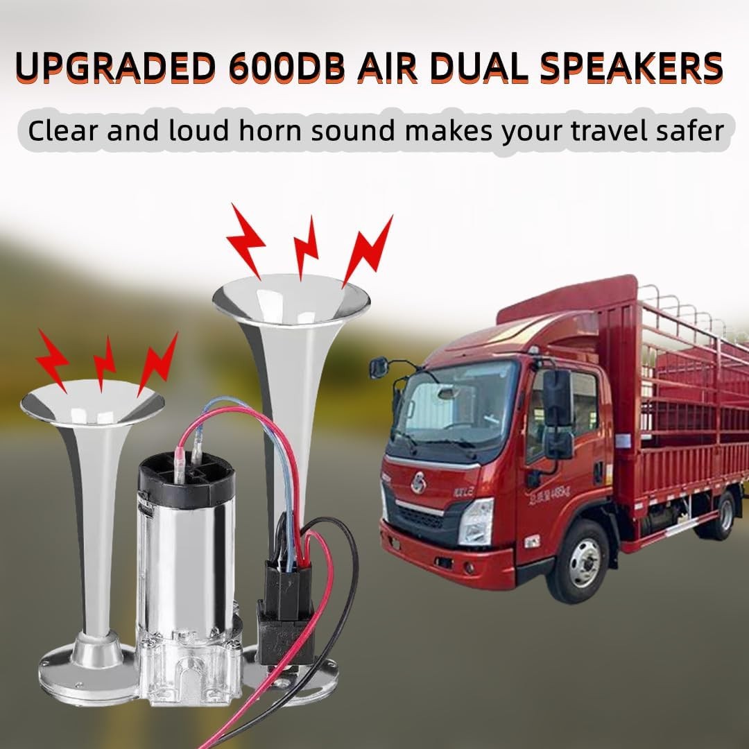 12V 600DB Air Horn Dual Trumpets,Super Loud Air Horn for Truck, Dual Electric Ai