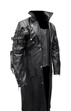 Mens Genuine Black Leather Trench Coat Steampunk Leather Jacket Long Coat Gothic