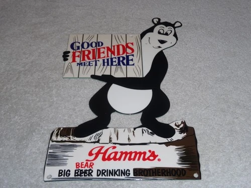 VINTAGE HAMM'S BEER BEAR  DRINKING HAMMS 12" PORCELAIN METAL GASOLINE & OIL SIGN