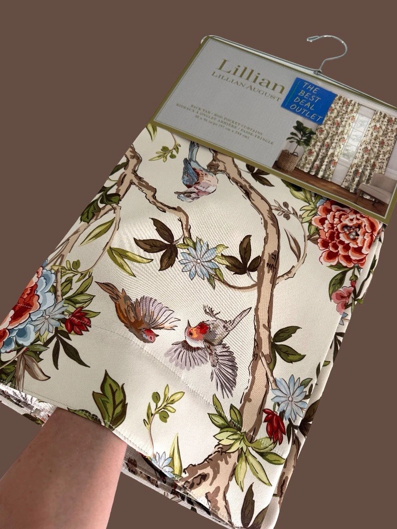 Lillian August Window Curtains 2 Panels 38 x 96" Cream Birds Drapers Back Tab