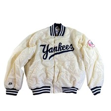 Vintage Majestic New York Yankees Varsity Jacket Mens XL Cream MLB Satin Bomber
