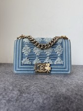 Chanel Small Boy Flap Blue Denim Quilted Fabric Gold HW Crossbody Bag Auth
