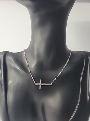 Vintage Sideways Cross Necklace Silver Tone Rhinestone Christin Faith Jewelry