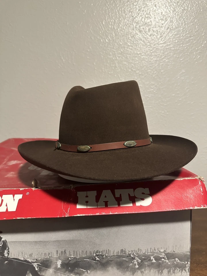 Chapéu de caubói Stetson marrom feltro 7 1/8 lã ocidental vintage com faixa e caixa chapéu raro - Imagem 3 de 4