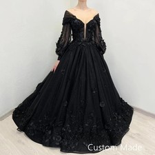 Gothic Wedding Dress Puff Sleeves V Neck A Line Court Train Flower Bridal Gown