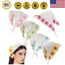 Crochet Bandanas Headbands Cute Flowers Hairbands Pink Knitted Headscarf Gree...