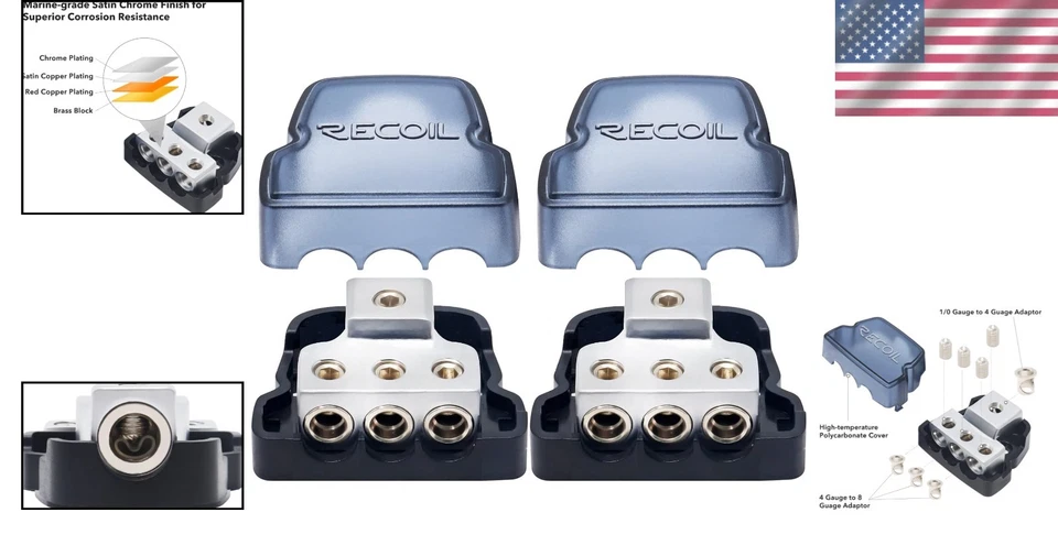 Car Audio Power Distribution Block 3-Way Brass Chrome Ground Splitter 2 Pack - Image 2 of 4