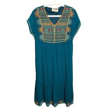 Savannah Jane Women Embroidered V Neck Dress Sz S Teal Midi Boho Short Sleeve