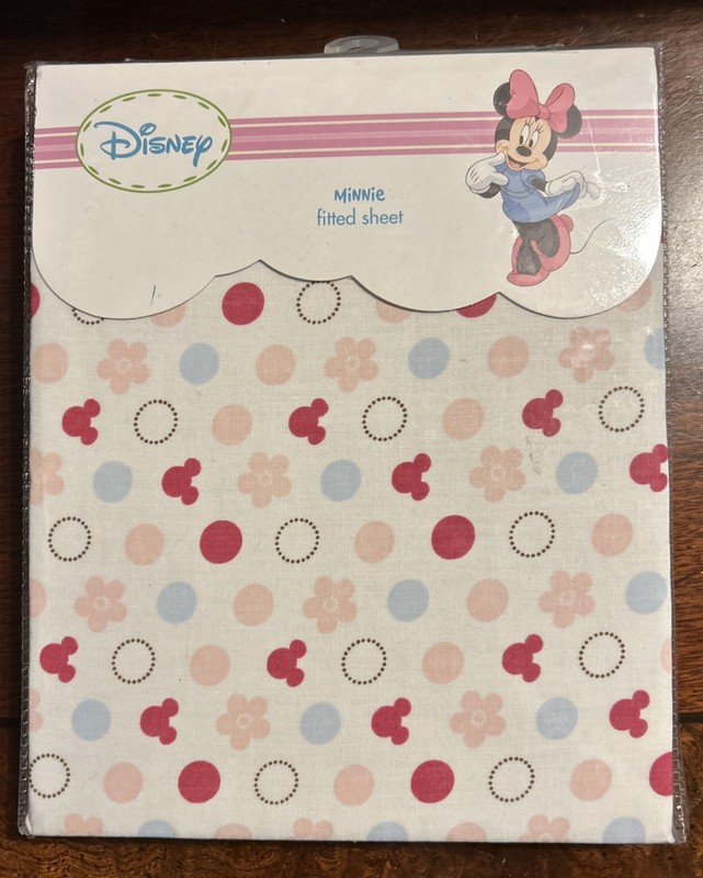 Minnie Mouse Fitted Crib Sheet Disney NIP 100% Cotton Pink White Blue Flower
