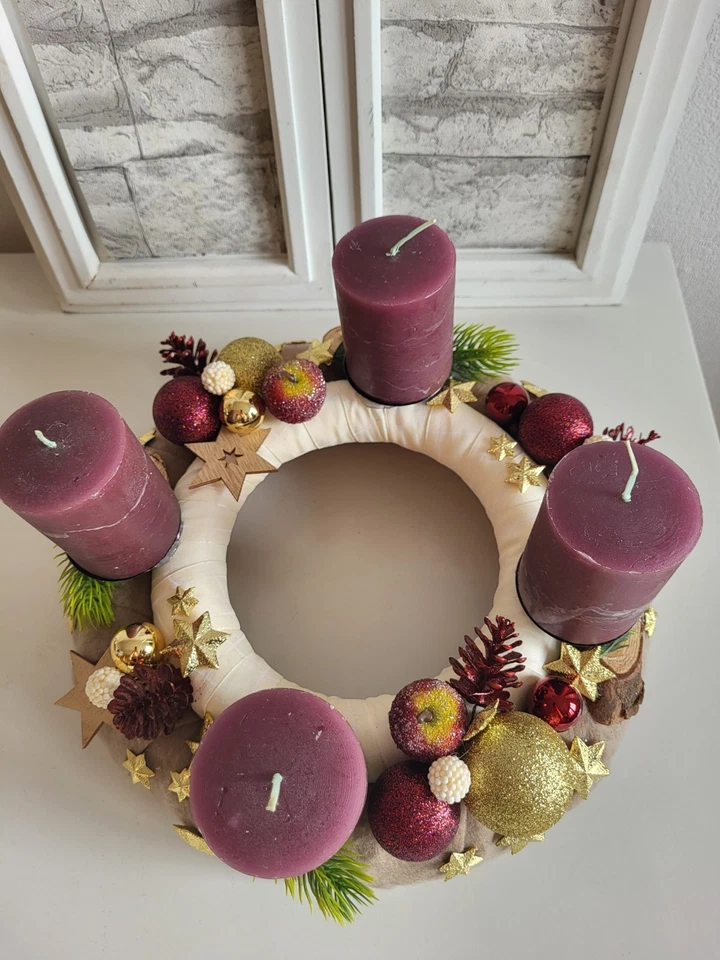 Adventskranz künstlich Adventsgesteck Kerzen Bordeaux Rot mehrjährig Kranz Tisch - Bild 4 von 4