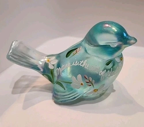 FENTON GLASS NATURE IS ART OF GOD HAND PAINTED SIGNED BIRD 100 YRS LABEL AQUA