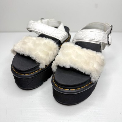 Dr Martens Voss Quad Fluffy Fur Heart Buckle Platform Sandals Womens 10 White