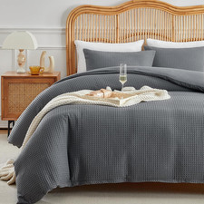 Waffle Weave Grey Duvet Cover Set Queen Size, Textured, 3-Piece Zipper Closure