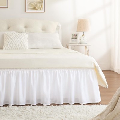 Queen Bed Skirt 15'' Drop Elastic Wrap Around Dust Ruffle Adjustable Base White