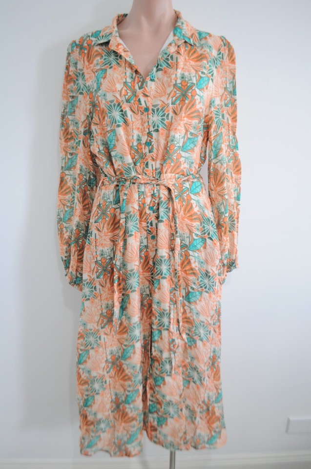House of Sienna Shirt Dress Size M/L Orange Green floral belted pockets midi