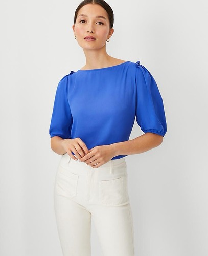 Ann Taylor Loft - Mixed Media Puff Sleeve Top Sz Medium NWT - Picture 1 of 3