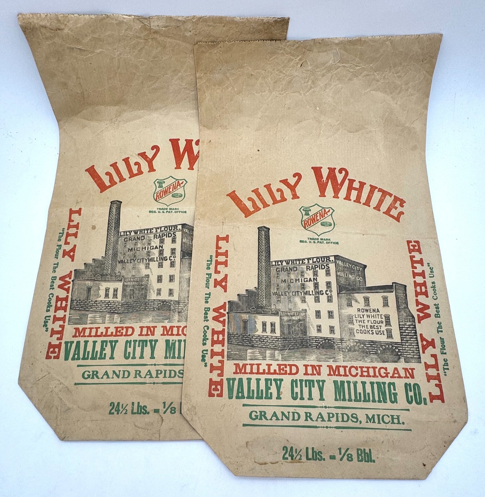 2 Antique Rowena Lily White paper flour bags - Grand Rapids Michigan