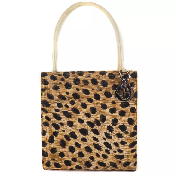 Authentique sac à main Christian Dior motif léopard toile émaillée beige 8807L