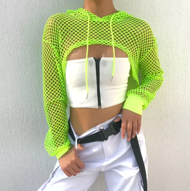 Neon Green Mesh Fishnet Crop Hoodie Long Sleeve Sexy Streetwear Fluro Bright Top