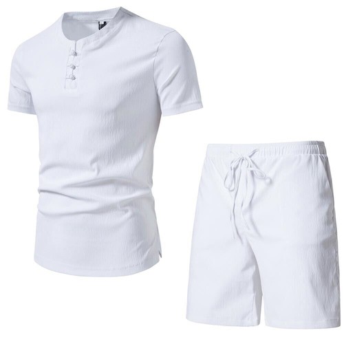 Men's Chinese Outfit Casual Short Sleeve Suit Style Solid Color Beach Shorts Set - Picture 10 of 22