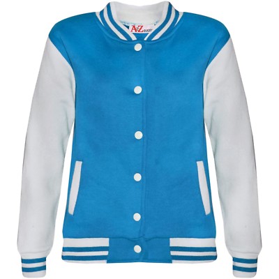 Kids Girls Baseball Blue Jacket Varsity Style Plain School Jacket Top 2-13 Year