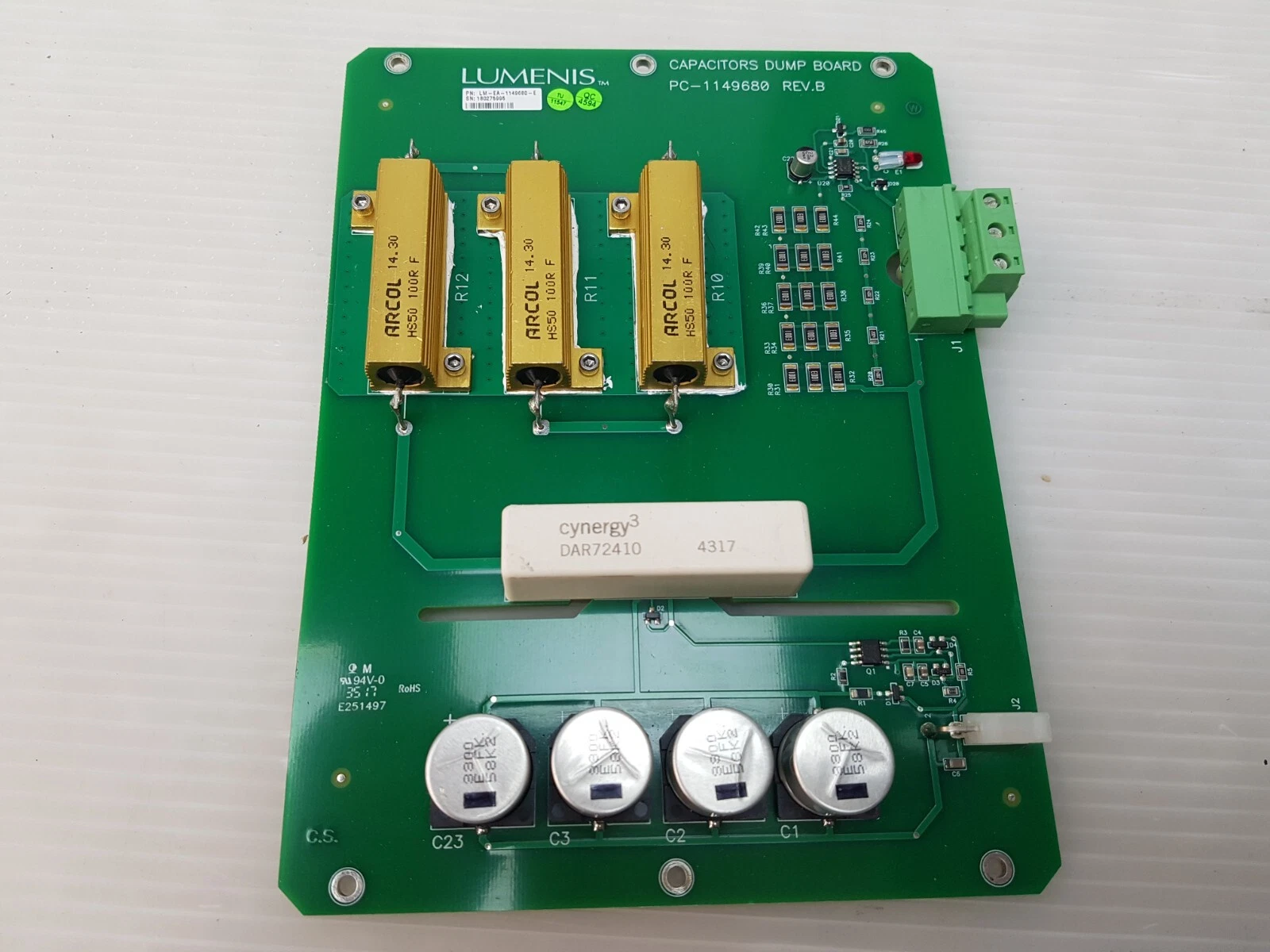 Capacitors dump board PC-1149680 rotated, showing the Cynergy3 DAR72410 relay and J1 terminal