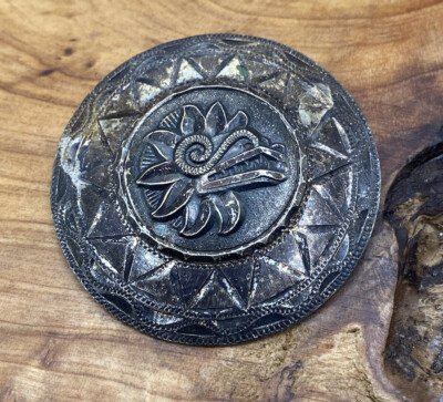 VINTAGE MEXICO STERLING SILVER MAYAN CALENDAR DRAGON ROUND BROOCH PENDANT
