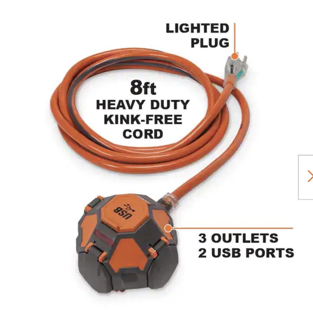 RIDGID 3 Outlet Power Ball Extension Cord Plus 2USB Ports Heavy