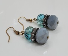 Crystal Glass Blue Pierced Earrings Dangle Drop Rhinestone Design 1.5"