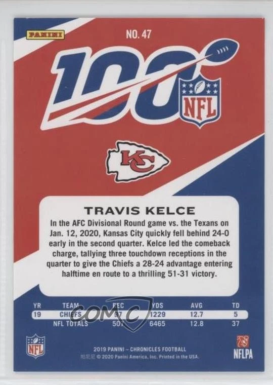 2019 Panini Chronicles NFL 100 Blue /99 Travis Kelce #47 - Image 2 of 2