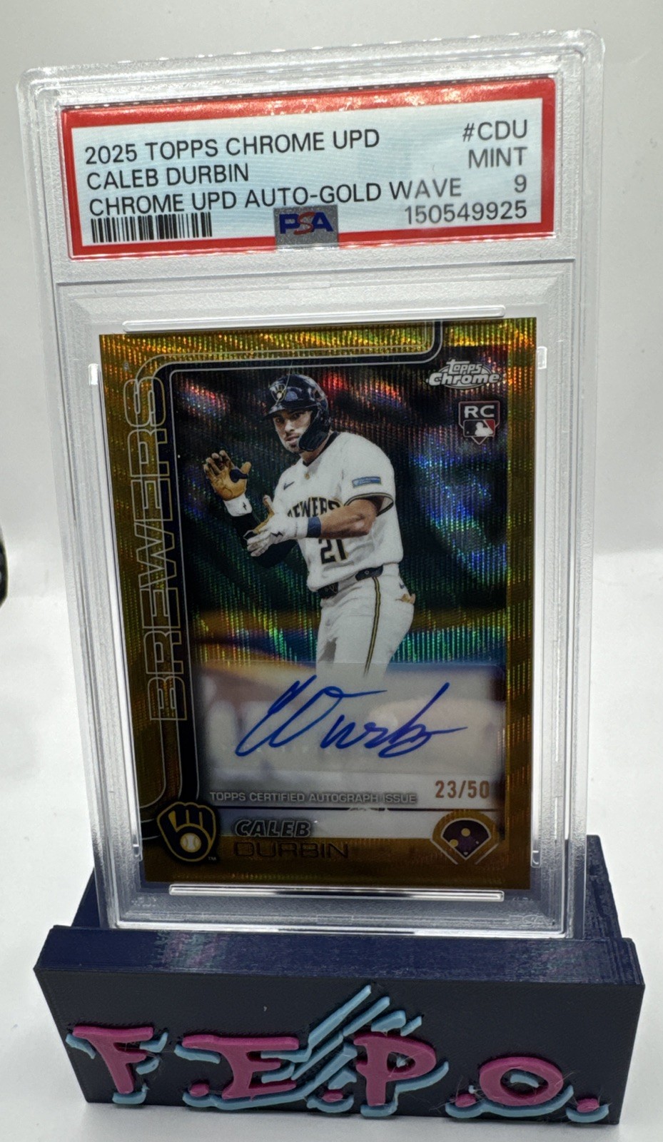 2025 Topps Chrome Update Gold Wave Brewers Rookie Caleb Durbin Auto 23/50 PSA 9