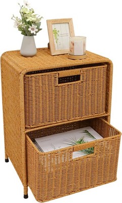Wicker Nightstand with Drawers Bed Side Table Bedroom Latte