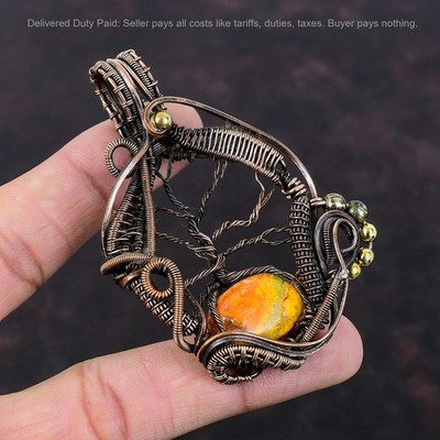 Bumble Bee Jasper Stone Copper Wire Wrapped Tree Of Life Wedding Pendant Jewelry