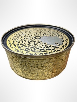Vintage Guild craft Phily cake tin New York MCM 1950s gold black Embossed Metal