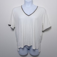 Pilcro Deep V Neck Tee Blouse Cream Silver Trim Sz XL Minimalist Anthropologie