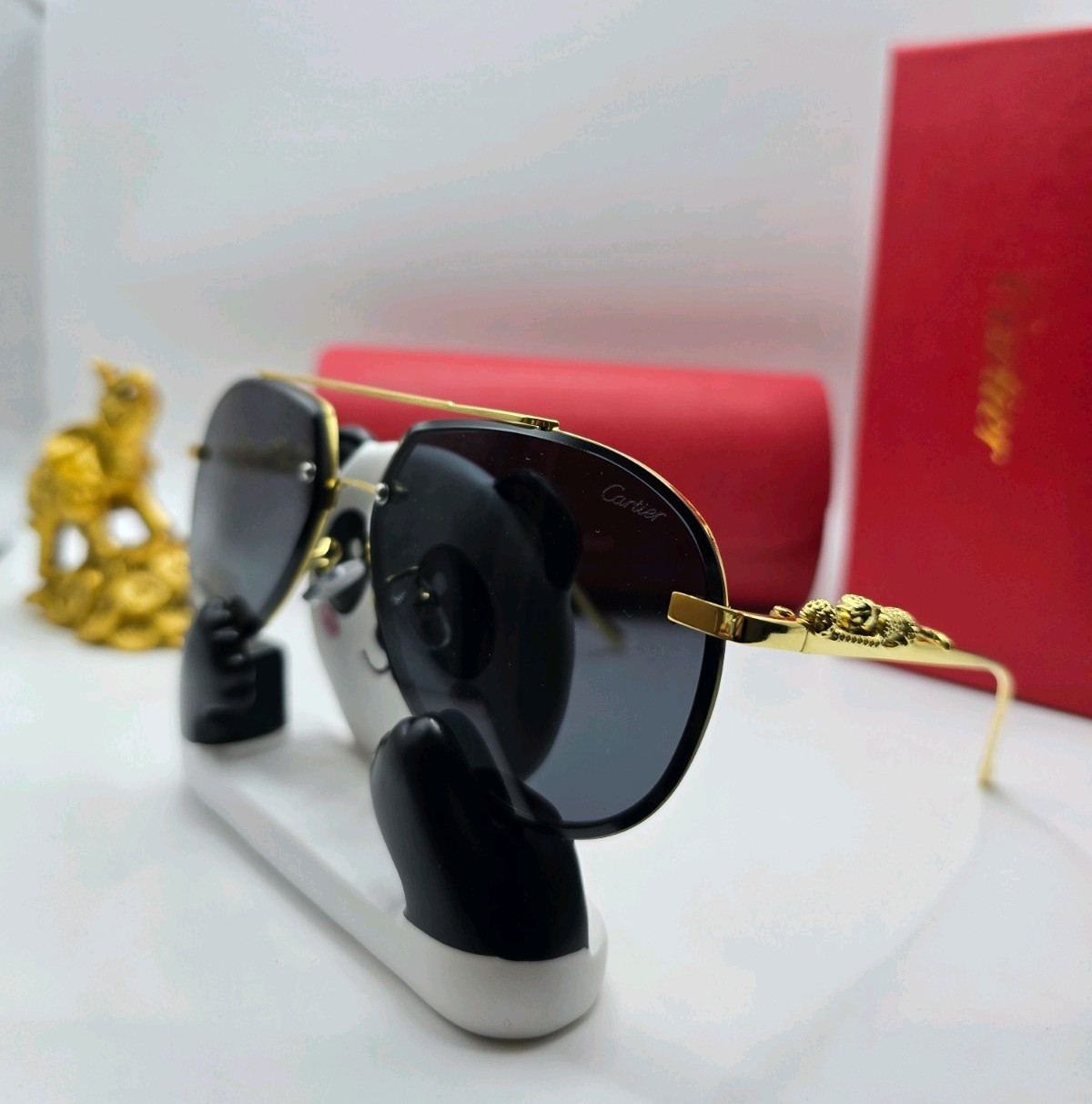 Sunglasses Cartier Gold Aviator Metal Panther Detail Gray Lens Men's Designer thumbnail 2