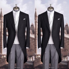 Elegant Black Men Suits With Tail Wedding Groom Party Prom Tuxedos Long Jacket
