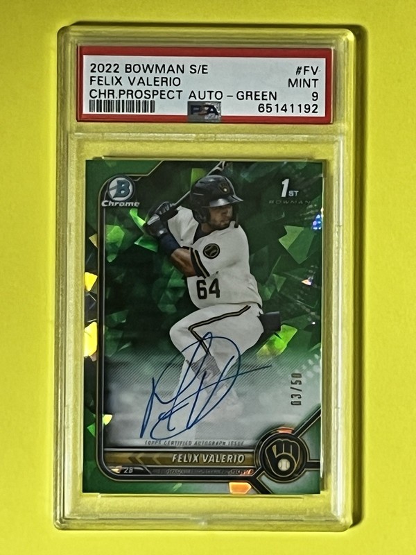 2022 Bowman Sapphire Green Refractor Auto Felix Valerio 1st /50 PSA 9 Milwaukee