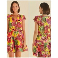 FARM Rio Yellow Tropical Pineapple Mini Dress with Pink & Green Motifs - FLAW