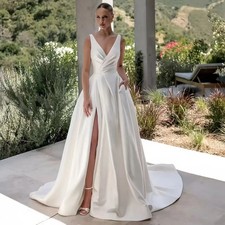 Satin Wedding Dress V Neck Sleeveless Pleat Slit Zipper Button A Line Bride Gown