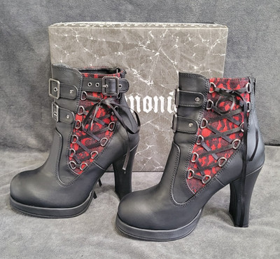 DEMONIA CRYPTO-51 4'' Heel Platform Black Red Corset Lace Women's Boots Sz 6 NEW