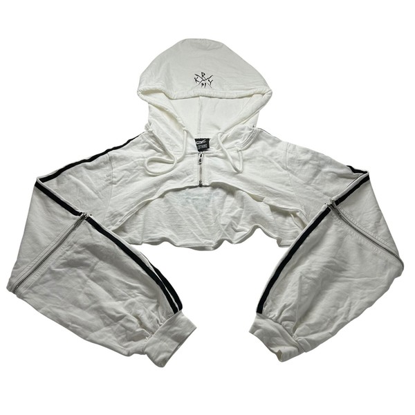 KRYCLOTHING Womens White Cropped Zip Hoodie Black Stripe Sleeve Zipper Detail