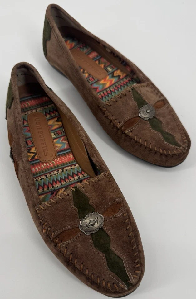 Mocasín Hush Puppies para mujer boho étnico de gamuza marrón talla 8,5 M Southwest Comfort Foto 3 de 4