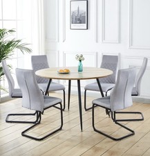 Dining Set, Large Round Kitchen Table 1.2m & 6 Grey High Back Dining Chairs