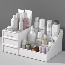 White Desktop Makeup Storage Box with Drawer   Plastic Organizer for Cosmetics