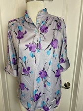 Vintage Lind Clare Grey Purple Floral Blouse Women s Medium Silky