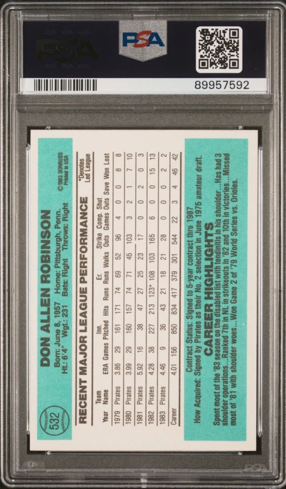 1984 Donruss Don Robinson #532 PSA 9 Mint Pittsburgh Pirates - Image 2 of 2