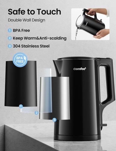 Hervidor de agua eléctrico de doble pared COMFEE' 1,7 L, 100 % St... - Imagen 3 de 8