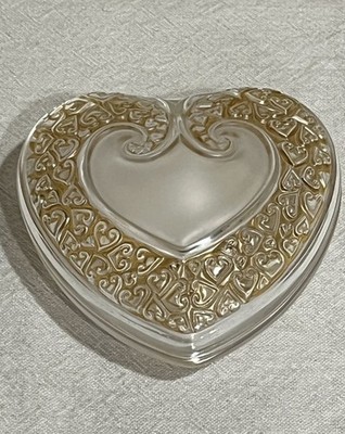 Beautiful Lalique Crystal Heart Shaped Trinket Box with Amber Patina 4 1/2'' 