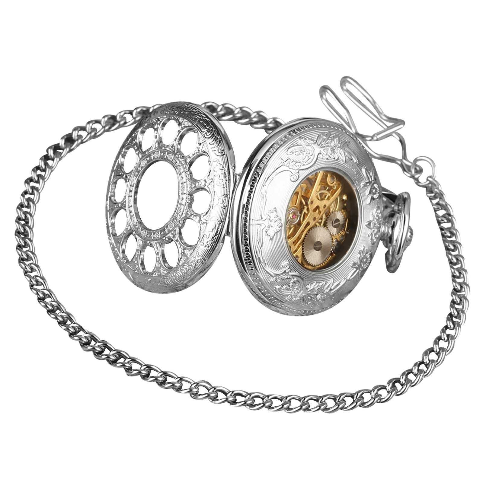 Silver Pocket Watch With Chain Portable Hand-winding Mechanical Movemnt ff